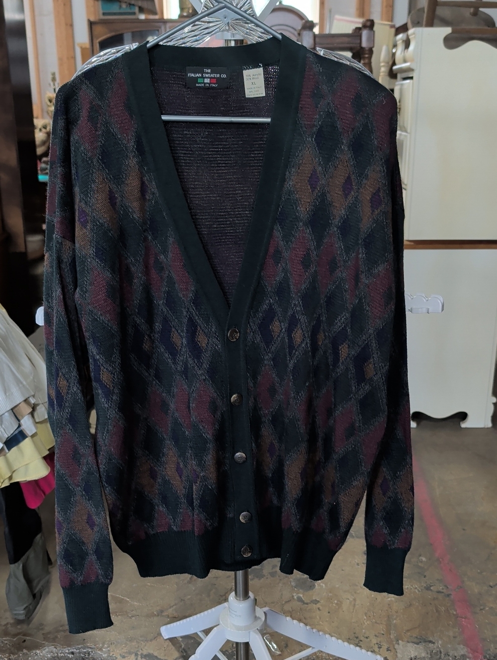 Vintage The Italian Sweater Co Men XL Knit Diamond Argyle Cardigan Made in Italy